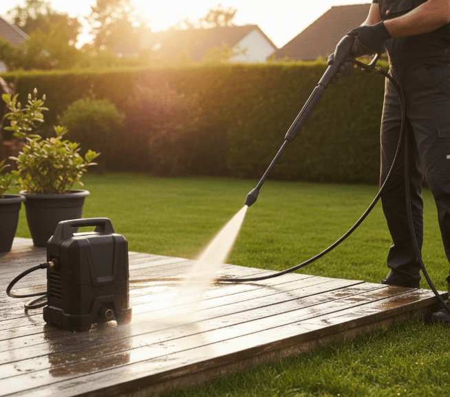 Mi-T-M pressure washer operating on a construction site